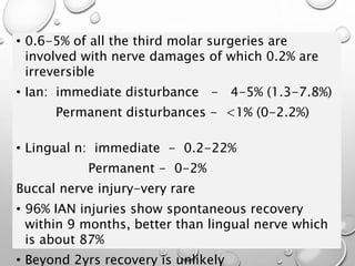 • 0.6-5% of all the third molar surgeries are
involved with nerve damages of which 0.2% are
irreversible
• Ian: immediate disturbance - 4-5% (1.3-7.8%)
Permanent disturbances - <1% (0-2.2%)
• Lingual n: immediate - 0.2-22%
Permanent - 0-2%
Buccal nerve injury-very rare
• 96% IAN injuries show spontaneous recovery
within 9 months, better than lingual nerve which
is about 87%
• Beyond 2yrs recovery is unlikely
 