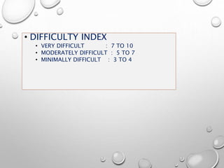 • DIFFICULTY INDEX
• VERY DIFFICULT : 7 TO 10
• MODERATELY DIFFICULT : 5 TO 7
• MINIMALLY DIFFICULT : 3 TO 4
 