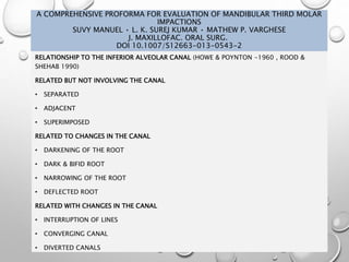 A COMPREHENSIVE PROFORMA FOR EVALUATION OF MANDIBULAR THIRD MOLAR
IMPACTIONS
SUVY MANUEL • L. K. SUREJ KUMAR • MATHEW P. VARGHESE
J. MAXILLOFAC. ORAL SURG.
DOI 10.1007/S12663-013-0543-2
RELATIONSHIP TO THE INFERIOR ALVEOLAR CANAL (HOWE & POYNTON -1960 , ROOD &
SHEHAB 1990)
RELATED BUT NOT INVOLVING THE CANAL
• SEPARATED
• ADJACENT
• SUPERIMPOSED
RELATED TO CHANGES IN THE CANAL
• DARKENING OF THE ROOT
• DARK & BIFID ROOT
• NARROWING OF THE ROOT
• DEFLECTED ROOT
RELATED WITH CHANGES IN THE CANAL
• INTERRUPTION OF LINES
• CONVERGING CANAL
• DIVERTED CANALS
 