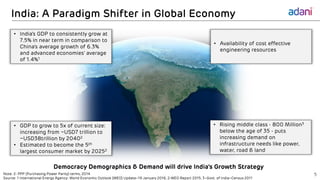 India: A Paradigm Shifter in Global Economy
Democracy Demographics & Demand will drive India’s Growth Strategy
• Rising middle class - 800 Million3
below the age of 35 - puts
increasing demand on
infrastructure needs like power,
water, road & land
• Availability of cost effective
engineering resources
• GDP to grow to 5x of current size:
increasing from ~USD7 trillion to
~USD38trillion by 20402
• Estimated to become the 5th
largest consumer market by 20252
• India’s GDP to consistently grow at
7.5% in near term in comparison to
China’s average growth of 6.3%
and advanced economies’ average
of 1.4%1
5Note: 2- PPP (Purchasing Power Parity) terms, 2014
Source: 1 International Energy Agency: World Economic Outlook (WEO) Update–19 January 2016, 2-WEO Report 2015, 3–Govt. of India–Census 2011
 