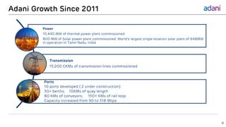 Adani Growth Since 2011
Power
10,440 MW of thermal power plant commissioned
800 MW of Solar power plant commissioned. World’s largest single location solar plant of 648MW
in operation in Tamil Nadu, India
Transmission
15,200 CKMs of transmission lines commissioned
Ports
10 ports developed ( 2 under construction)
30+ berths; 10KMs of quay length
80 KMs of conveyors; 150+ KMs of rail loop
Capacity increased from 90 to 318 Mtpa
8
 