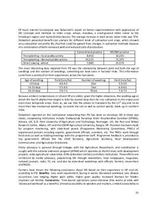 Of  much  interest  to everyone  was  Debashish’s  report  on  farmer  experimentation with  applications  of 
SRI  concepts  and  methods  to  other  crops:  wheat;  mandwa,  a  small‐grained  millet  native  to  the 
Himalayan region; and rajma (kidney beans). The average increase in yield across seven trials was 57%. 
Debashish  presented  benefit‐cost analysis  for  different  kinds  of  cultivation and  crops,  which showed 
very substantial net profits (Rs./ha) that could be gained from changes in cultivation methods because 
of a combination of both increased yield and reduced costs of production. 
                                                       Conventional practice           SRI/SWI practice 
    Transplanting – local paddy variety                        8,450                        32,245 
    Transplanting – Basmati p addy variety                   35,125                         71,375 
    Direct sowing ‐ wheat                                      7,880                        25,270 
The most interesting  data  reported from  PSI  was  the  relatio nship  between  yield and  both  the age  of 
seedlings  and  the  number of  weedings, something  we  have seen in  factorial  trials.  This information 
came from a variety o f on‐farm experiences across the two s tates: 
      Age of seedlings            Yield (tons/ha)           Number of weedings             Yield (tons/ha) 
         >23 days                     4.0‐4.5                     One                          5.0‐5.5 
        16‐23 days                    5.5‐6.0                     Two                          6.0‐6.5 
        10‐15 days                    7.0‐7.5                    Three                         7.0‐7.5 
Because ambient temperatures in UK and HP are colder, given the higher elevations, the seedling age at 
which the fourth phyllochron begins is later by several days than for rice cultivation in the tropics a nd 
even  most  temperate areas.  Even  so,  we see  that  the advic e  to transplant  by  the 15 th  day and  to  do 
more than two mechanical weedings, to aerate the soil as well as control weeds, holds up in northern 
India. 
Debashish  reported on  the institutional  networking  that  PSI  has  done  to introduce  SRI  in  these  two 
states; cooperating  institutions  include  Vivekananda  Parvatiya  Krishi  Anushandhan  Sansthan  (VPKAS), 
Almora,  UK;  G.B.  Pant  University  of  Agriculture and  Technology,  Pantnagar,  UK;  the  Rice and  Wheat 
Research Centre, Malan, HP;  and the CSKHP Agriculture University, Kangra, HP. Provision has been made 
for  program  monitoring,  with  state‐level  panels  (Programme  Monitoring  Committees,  PMCs)  of 
experienced  persons  includin g  experts,  government  officials, scientists,  etc.  The  PMCs  work  through 
field  visits as  well  as  holding  meetings  with the  programme staff.  Programme  feedback is provided to 
top  government  officials  like  the  Chief  Secretary,  Agriculture  Secretary,  Rural  Development 
Commissioner, a nd Agriculture Directorate. 
Policy  advocacy  is  pursued  through  linkages  with  the  Agriculture  Department,  and  coordination  is 
sought with the national extension program (ATMA) which operates at district level,  with development 
projects, state agricultural universities, KVKs (extension centers) and other institutions. These efforts are 
reinforced  by  media  advocacy,  popularizing  SRI  through  newsletters,  local  newspapers,  magazines, 
national  journals,  radio,  TV, etc. and  also  by  state‐le vel  workshops with officials,  farmers, researchers 
and NGOs. 
Farmers  have  drawn  the  following conclusions  about  SRI  based  on  their experience  in  HP  and  UK, 
according  to  PSI:  Benefits:   Less seed  requirement; Saving  in  water;  Decreased  workload; Less  disease 
occurrence;  Less  lodging;  Higher  grain  yields;  Higher  grain  qualit y;  Increased  biomass  for  fodder; 
Improves soil  fertility.  Constraints:   Time‐bound  operations; Labor‐intensive  (this  seems at odds  with 
‘decreased workload’ as a benefit); Limited accessibil ity to weeders and markers; Limited accessibility to 


                                                                                                               31 

 
 