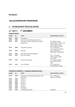 Annexure: 


 Revised WORKSHOP PROGRAMME 


1. WORKSHOP PROGRAMME
                    st
2.1 DAY 1:          1 DECEMBER
Inaugural Session

FROM      TO        ITEM                                      RESPONSIBLE PARTY
09:00     10:00     Registration
10:00     10:05     Invocation and Lighting of the Lamp
10:05     10:15     Welcome, Purpose and Objectives of the    Dr. Biksham Gujja
                    Symposium                                 Senior Policy Advisor, and
                                                              WWF Project Leader,
                                                              WWF-ICRISAT Project
10:15     10:20     Presidential Address                      Dr. C. Ramasamy
                                                              Vice Chancellor, TNAU
10:20     10:25     Remarks                                   Tmt. Manonmani
                                                              SRI Farmer, Tamil Nadu
10:25     10:45     Book Releases and Felicitations
10:45     10:55     Keynote Address                           Dr. P. L. Gautam
                                                              DDG (Crops), ICAR
                                                              New Delhi
10:55     11:05     Chief Guest Address                       Dr. Norman Uphoff
                                                              Cornell University,
                                                              USA
11:05     11:10     Vote of Thanks                            Dr. Vinod Goud
                                                              WWF-ICRISAT Project
 

TECHNICAL SESSION I:       Experience Sharing By Farmers
FROM      TO        ITEM                                      RESPONSIBLE PARTY
11:30     11:40     Introduction and Opening Remarks of the   Mr. A. Ravindra
                    Chairman                                  Director, WASSAN
11:40     11:50     Farmer 1
11:50     12:00     Farmer 2
12:00     12:10     Farmer 3
12:10     12:20     Farmer 4
12:20     12:30     Farmer 5
12:30     12:40     Farmer 6
12:40     12:50     Discussion
12:50     13:00     Concluding Remarks                        Chairman

                                                                                       50 

 
 