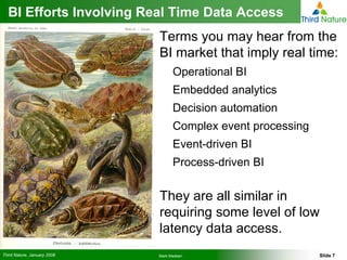 BI Efforts Involving Real Time Data Access
                             Terms you may hear from the
                             BI market that imply real time:
                                   Operational BI
                                   Embedded analytics
                                   Decision automation
                                   Complex event processing
                                   Event-driven BI
                                   Process-driven BI

                             They are all similar in
                             requiring some level of low
                             latency data access.
Third Nature, January 2008   Mark Madsen                      Slide 7
 