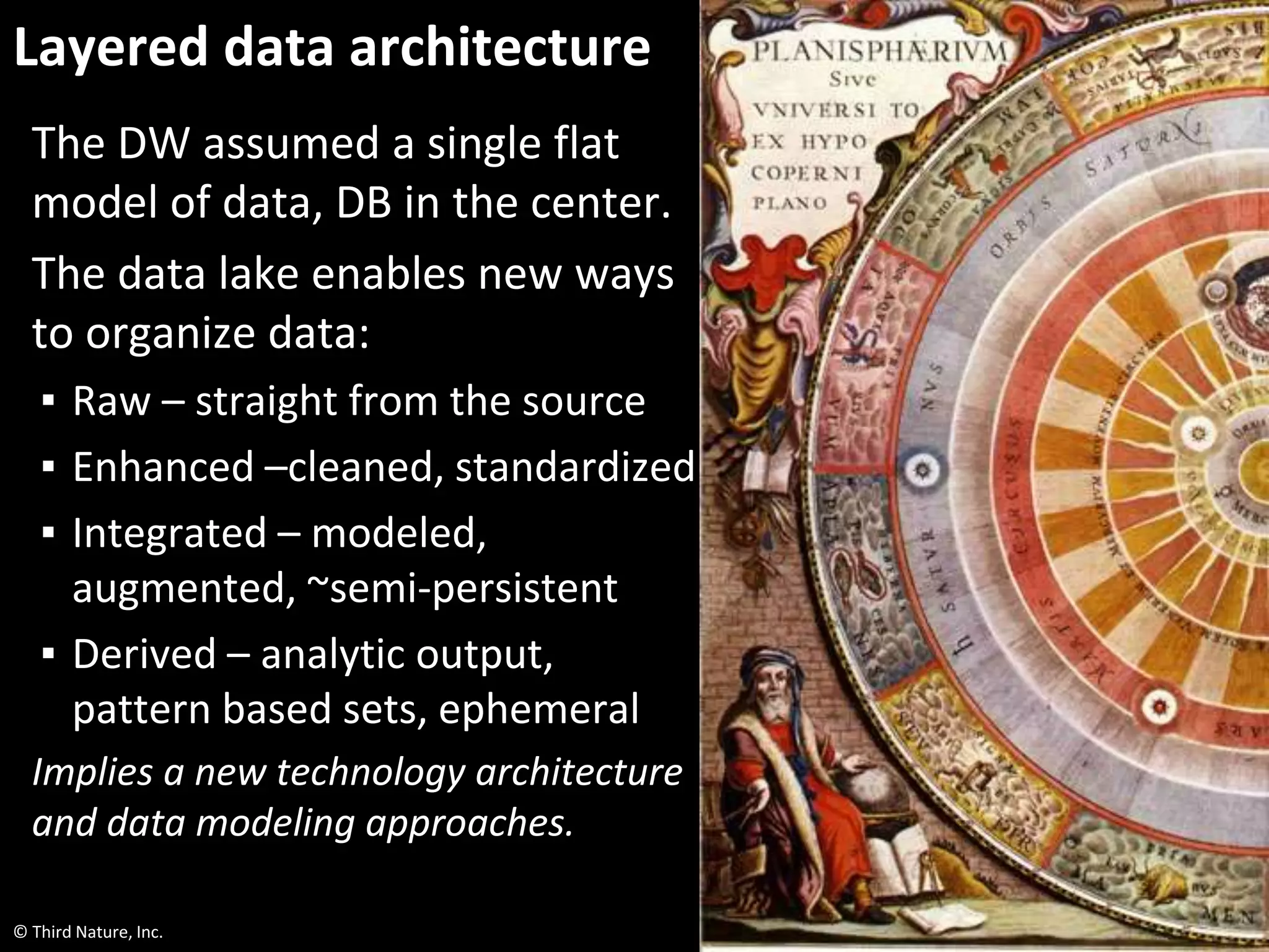 © Third Nature, Inc.
Layered data architecture
The DW assumed a single flat
model of data, DB in the center.
The data lake enables new ways
to organize data:
▪ Raw – straight from the source
▪ Enhanced –cleaned, standardized
▪ Integrated – modeled,
augmented, ~semi-persistent
▪ Derived – analytic output,
pattern based sets, ephemeral
Implies a new technology architecture
and data modeling approaches.
 