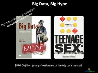 Big Data, Big Hype
$876 Gajillion (analyst estimates of the big data market)
 