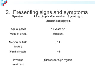 2. Presenting signs and symptoms
Symptom RE exotropia after accident 14 years ago.
Diplopia appreciated.
Age of onset 11 years old
Mode of onset Accident
Medical or birth
history
Nil
Family history Nil
Previous
treatment
Glasses for high myopia
 