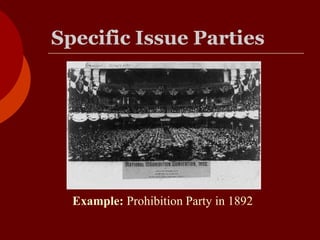 Specific Issue Parties
Example: Prohibition Party in 1892
 