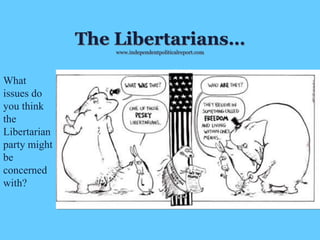 The Libertarians…
www.independentpoliticalreport.com
What
issues do
you think
the
Libertarian
party might
be
concerned
with?
 