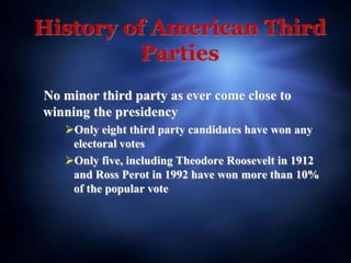 History of American Third
Parties
No minor third party as ever come close to
winning the presidency
Only eight third party candidates have won any
electoral votes
Only five, including Theodore Roosevelt in 1912
and Ross Perot in 1992 have won more than 10%
of the popular vote
 