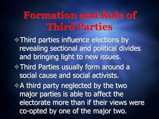 Formation and Role of
Third Parties
Third parties influence elections by
revealing sectional and political divides
and bringing light to new issues.
Third Parties usually form around a
social cause and social activists.
A third party neglected by the two
major parties is able to affect the
electorate more than if their views were
co-opted by one of the major two.
 