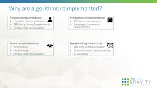 Why are algorithms reimplemented?
Personal reimplementation
• Use with custom evaluator
• Efficiency (time of experiments)
• Official code not available
Production reimplementation
• Efficiency requirements
• Language/framework
requirements
Public reimplementation
• Accessibility
• Contributing
• Official code not available
Benchmarking frameworks
• Use with unified evaluator
• Standardization/benchmarking
• Accessibility
 