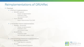 Reimplementations of GRU4Rec
• Checked
▪ 2 PyTorch implementations
o GRU4REC-pytorch
– Popular reimplementation
– Published in 2018
– Last commit in 2021
o Torch-GRU4Rec
– Newer implementation from 2020
▪ 2 Tensorflow/Keras implementations
o GRU4Rec_Tensorflow
– Popular reimplementation
– Published in 2017
– Last commit in 2019
o KerasGRU4Rec
– Published in 2018
– Last meaningful update in 2020
▪ 2 benchmarking framework implementations
o Microsoft Recommenders
– Large algorithm collection
o Recpack
– Recently released framework
 