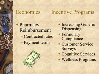 Economics  Incentive Programs Pharmacy Reimbursement Contracted rates Payment terms Increasing Generic Dispensing Formulary Compliance Customer Service Surveys Cognitive Services Wellness Programs 