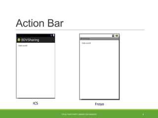Action Bar
ICS Froyo
TIPS & THIRD PARTY LIBRARY FOR ANDROID 4
 