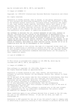 may be included with JRE 8, JDK 8, and OpenJDK 8.
--- begin of LICENSE ---
Copyright (c) 1995-2010 International Business Machines Corporation and others
All rights reserved.
Permission is hereby granted, free of charge, to any person obtaining a copy
of this software and associated documentation files (the "Software"), to deal
in the Software without restriction, including without limitation the rights
to use, copy, modify, merge, publish, distribute, and/or sell copies of the
Software, and to permit persons to whom the Software is furnished to do so,
provided that the above copyright notice(s) and this permission notice appear
in all copies of the Software and that both the above copyright notice(s) and
this permission notice appear in supporting documentation.
THE SOFTWARE IS PROVIDED "AS IS", WITHOUT WARRANTY OF ANY KIND, EXPRESS OR
IMPLIED, INCLUDING BUT NOT LIMITED TO THE WARRANTIES OF MERCHANTABILITY,
FITNESS FOR A PARTICULAR PURPOSE AND NONINFRINGEMENT OF THIRD PARTY RIGHTS. IN
NO EVENT SHALL THE COPYRIGHT HOLDER OR HOLDERS INCLUDED IN THIS NOTICE BE
LIABLE FOR ANY CLAIM, OR ANY SPECIAL INDIRECT OR CONSEQUENTIAL DAMAGES, OR ANY
DAMAGES WHATSOEVER RESULTING FROM LOSS OF USE, DATA OR PROFITS, WHETHER IN AN
ACTION OF CONTRACT, NEGLIGENCE OR OTHER TORTIOUS ACTION, ARISING OUT OF OR IN
CONNECTION WITH THE USE OR PERFORMANCE OF THIS SOFTWARE.
Except as contained in this notice, the name of a copyright holder shall not
be used in advertising or otherwise to promote the sale, use or other dealings
in this Software without prior written authorization of the copyright holder.
All trademarks and registered trademarks mentioned herein are the property of
their respective owners.
--- end of LICENSE ---
-------------------------------------------------------------------------------
%% This notice is provided with respect to IJG JPEG 6b, which may be
included with JRE 8, JDK 8, and OpenJDK 8.
--- begin of LICENSE ---
This software is copyright (C) 1991-1998, Thomas G. Lane.
All Rights Reserved except as specified below.
Permission is hereby granted to use, copy, modify, and distribute this
software (or portions thereof) for any purpose, without fee, subject to these
conditions:
(1) If any part of the source code for this software is distributed, then this
README file must be included, with this copyright and no-warranty notice
unaltered; and any additions, deletions, or changes to the original files
must be clearly indicated in accompanying documentation.
(2) If only executable code is distributed, then the accompanying
documentation must state that "this software is based in part on the work of
the Independent JPEG Group".
(3) Permission for use of this software is granted only if the user accepts
full responsibility for any undesirable consequences; the authors accept
NO LIABILITY for damages of any kind.
These conditions apply to any software derived from or based on the IJG code,
not just to the unmodified library. If you use our work, you ought to
acknowledge us.
Permission is NOT granted for the use of any IJG author's name or company name
in advertising or publicity relating to this software or products derived from
 