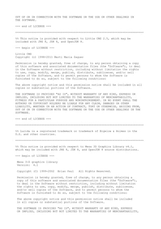 OUT OF OR IN CONNECTION WITH THE SOFTWARE OR THE USE OR OTHER DEALINGS IN
THE SOFTWARE.
--- end of LICENSE ---
-------------------------------------------------------------------------------
%% This notice is provided with respect to Little CMS 2.5, which may be
included with JRE 8, JDK 8, and OpenJDK 8.
--- begin of LICENSE ---
Little CMS
Copyright (c) 1998-2011 Marti Maria Saguer
Permission is hereby granted, free of charge, to any person obtaining a copy
of this software and associated documentation files (the "Software"), to deal
in the Software without restriction, including without limitation the rights
to use, copy, modify, merge, publish, distribute, sublicense, and/or sell
copies of the Software, and to permit persons to whom the Software is
furnished to do so, subject to the following conditions:
The above copyright notice and this permission notice shall be included in all
copies or substantial portions of the Software.
THE SOFTWARE IS PROVIDED "AS IS", WITHOUT WARRANTY OF ANY KIND, EXPRESS OR
IMPLIED, INCLUDING BUT NOT LIMITED TO THE WARRANTIES OF MERCHANTABILITY,
FITNESS FOR A PARTICULAR PURPOSE AND NONINFRINGEMENT. IN NO EVENT SHALL THE
AUTHORS OR COPYRIGHT HOLDERS BE LIABLE FOR ANY CLAIM, DAMAGES OR OTHER
LIABILITY, WHETHER IN AN ACTION OF CONTRACT, TORT OR OTHERWISE, ARISING FROM,
OUT OF OR IN CONNECTION WITH THE SOFTWARE OR THE USE OR OTHER DEALINGS IN THE
SOFTWARE.
--- end of LICENSE ---
-------------------------------------------------------------------------------
%% Lucida is a registered trademark or trademark of Bigelow & Holmes in the
U.S. and other countries.
-------------------------------------------------------------------------------
%% This notice is provided with respect to Mesa 3D Graphics Library v4.1,
which may be included with JRE 8, JDK 8, and OpenJDK 8 source distributions.
--- begin of LICENSE ---
Mesa 3-D graphics library
Version: 4.1
Copyright (C) 1999-2002 Brian Paul All Rights Reserved.
Permission is hereby granted, free of charge, to any person obtaining a
copy of this software and associated documentation files (the "Software"),
to deal in the Software without restriction, including without limitation
the rights to use, copy, modify, merge, publish, distribute, sublicense,
and/or sell copies of the Software, and to permit persons to whom the
Software is furnished to do so, subject to the following conditions:
The above copyright notice and this permission notice shall be included
in all copies or substantial portions of the Software.
THE SOFTWARE IS PROVIDED "AS IS", WITHOUT WARRANTY OF ANY KIND, EXPRESS
OR IMPLIED, INCLUDING BUT NOT LIMITED TO THE WARRANTIES OF MERCHANTABILITY,
 