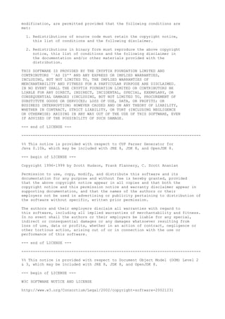 modification, are permitted provided that the following conditions are
met:
1. Redistributions of source code must retain the copyright notice,
this list of conditions and the following disclaimer.
2. Redistributions in binary form must reproduce the above copyright
notice, this list of conditions and the following disclaimer in
the documentation and/or other materials provided with the
distribution.
THIS SOFTWARE IS PROVIDED BY THE CRYPTIX FOUNDATION LIMITED AND
CONTRIBUTORS ``AS IS'' AND ANY EXPRESS OR IMPLIED WARRANTIES,
INCLUDING, BUT NOT LIMITED TO, THE IMPLIED WARRANTIES OF
MERCHANTABILITY AND FITNESS FOR A PARTICULAR PURPOSE ARE DISCLAIMED.
IN NO EVENT SHALL THE CRYPTIX FOUNDATION LIMITED OR CONTRIBUTORS BE
LIABLE FOR ANY DIRECT, INDIRECT, INCIDENTAL, SPECIAL, EXEMPLARY, OR
CONSEQUENTIAL DAMAGES (INCLUDING, BUT NOT LIMITED TO, PROCUREMENT OF
SUBSTITUTE GOODS OR SERVICES; LOSS OF USE, DATA, OR PROFITS; OR
BUSINESS INTERRUPTION) HOWEVER CAUSED AND ON ANY THEORY OF LIABILITY,
WHETHER IN CONTRACT, STRICT LIABILITY, OR TORT (INCLUDING NEGLIGENCE
OR OTHERWISE) ARISING IN ANY WAY OUT OF THE USE OF THIS SOFTWARE, EVEN
IF ADVISED OF THE POSSIBILITY OF SUCH DAMAGE.
--- end of LICENSE ---
-------------------------------------------------------------------------------
%% This notice is provided with respect to CUP Parser Generator for
Java 0.10k, which may be included with JRE 8, JDK 8, and OpenJDK 8.
--- begin of LICENSE ---
Copyright 1996-1999 by Scott Hudson, Frank Flannery, C. Scott Ananian
Permission to use, copy, modify, and distribute this software and its
documentation for any purpose and without fee is hereby granted, provided
that the above copyright notice appear in all copies and that both the
copyright notice and this permission notice and warranty disclaimer appear in
supporting documentation, and that the names of the authors or their
employers not be used in advertising or publicity pertaining to distribution of
the software without specific, written prior permission.
The authors and their employers disclaim all warranties with regard to
this software, including all implied warranties of merchantability and fitness.
In no event shall the authors or their employers be liable for any special,
indirect or consequential damages or any damages whatsoever resulting from
loss of use, data or profits, whether in an action of contract, negligence or
other tortious action, arising out of or in connection with the use or
performance of this software.
--- end of LICENSE ---
-------------------------------------------------------------------------------
%% This notice is provided with respect to Document Object Model (DOM) Level 2
& 3, which may be included with JRE 8, JDK 8, and OpenJDK 8.
--- begin of LICENSE ---
W3C SOFTWARE NOTICE AND LICENSE
http://www.w3.org/Consortium/Legal/2002/copyright-software-20021231
 