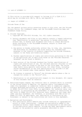 --- end of LICENSE ---
-------------------------------------------------------------------------------
%% This notice is provided with respect to Unicode 6.2.0 & CLDR 21.0.1
which may be included with JRE 8, JDK 8, and OpenJDK 8.
--- begin of LICENSE ---
Unicode Terms of Use
For the general privacy policy governing access to this site, see the Unicode
Privacy Policy. For trademark usage, see the UnicodeÂ® Consortium Name and
Trademark Usage Policy.
A. Unicode Copyright.
1. Copyright Â© 1991-2013 Unicode, Inc. All rights reserved.
2. Certain documents and files on this website contain a legend indicating
that "Modification is permitted." Any person is hereby authorized,
without fee, to modify such documents and files to create derivative
works conforming to the UnicodeÂ® Standard, subject to Terms and
Conditions herein.
3. Any person is hereby authorized, without fee, to view, use, reproduce,
and distribute all documents and files solely for informational
purposes in the creation of products supporting the Unicode Standard,
subject to the Terms and Conditions herein.
4. Further specifications of rights and restrictions pertaining to the use
of the particular set of data files known as the "Unicode Character
Database" can be found in Exhibit 1.
5. Each version of the Unicode Standard has further specifications of
rights and restrictions of use. For the book editions (Unicode 5.0 and
earlier), these are found on the back of the title page. The online
code charts carry specific restrictions. All other files, including
online documentation of the core specification for Unicode 6.0 and
later, are covered under these general Terms of Use.
6. No license is granted to "mirror" the Unicode website where a fee is
charged for access to the "mirror" site.
7. Modification is not permitted with respect to this document. All copies
of this document must be verbatim.
B. Restricted Rights Legend. Any technical data or software which is licensed
to the United States of America, its agencies and/or instrumentalities
under this Agreement is commercial technical data or commercial computer
software developed exclusively at private expense as defined in FAR 2.101,
or DFARS 252.227-7014 (June 1995), as applicable. For technical data, use,
duplication, or disclosure by the Government is subject to restrictions as
set forth in DFARS 202.227-7015 Technical Data, Commercial and Items (Nov
1995) and this Agreement. For Software, in accordance with FAR 12-212 or
DFARS 227-7202, as applicable, use, duplication or disclosure by the
Government is subject to the restrictions set forth in this Agreement.
C. Warranties and Disclaimers.
1. This publication and/or website may include technical or typographical
errors or other inaccuracies . Changes are periodically added to the
information herein; these changes will be incorporated in new editions
of the publication and/or website. Unicode may make improvements and/or
changes in the product(s) and/or program(s) described in this
 