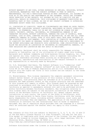 WITHOUT WARRANTY OF ANY KIND, EITHER EXPRESSED OR IMPLIED, INCLUDING, WITHOUT
LIMITATION, WARRANTIES THAT THE SUBJECT SOFTWARE IS FREE OF DEFECTS,
MERCHANTABLE, FIT FOR A PARTICULAR PURPOSE OR NON- INFRINGING. SGI ASSUMES NO
RISK AS TO THE QUALITY AND PERFORMANCE OF THE SOFTWARE. SHOULD ANY SOFTWARE
PROVE DEFECTIVE IN ANY RESPECT, SGI ASSUMES NO COST OR LIABILITY FOR ANY
SERVICING, REPAIR OR CORRECTION. THIS DISCLAIMER OF WARRANTY CONSTITUTES AN
ESSENTIAL PART OF THIS LICENSE. NO USE OF ANY SUBJECT SOFTWARE IS AUTHORIZED
HEREUNDER EXCEPT UNDER THIS DISCLAIMER.
10. LIMITATION OF LIABILITY. UNDER NO CIRCUMSTANCES AND UNDER NO LEGAL THEORY,
WHETHER TORT (INCLUDING, WITHOUT LIMITATION, NEGLIGENCE OR STRICT LIABILITY),
CONTRACT, OR OTHERWISE, SHALL SGI OR ANY SGI LICENSOR BE LIABLE FOR ANY
DIRECT, INDIRECT, SPECIAL, INCIDENTAL, OR CONSEQUENTIAL DAMAGES OF ANY
CHARACTER INCLUDING, WITHOUT LIMITATION, DAMAGES FOR LOSS OF GOODWILL, WORK
STOPPAGE, LOSS OF DATA, COMPUTER FAILURE OR MALFUNCTION, OR ANY AND ALL OTHER
COMMERCIAL DAMAGES OR LOSSES, EVEN IF SUCH PARTY SHALL HAVE BEEN INFORMED OF
THE POSSIBILITY OF SUCH DAMAGES. THIS LIMITATION OF LIABILITY SHALL NOT APPLY
TO LIABILITY FOR DEATH OR PERSONAL INJURY RESULTING FROM SGI's NEGLIGENCE TO
THE EXTENT APPLICABLE LAW PROHIBITS SUCH LIMITATION. SOME JURISDICTIONS DO NOT
ALLOW THE EXCLUSION OR LIMITATION OF INCIDENTAL OR CONSEQUENTIAL DAMAGES, SO
THAT EXCLUSION AND LIMITATION MAY NOT APPLY TO RECIPIENT.
11. Indemnity. Recipient shall be solely responsible for damages arising,
directly or indirectly, out of its utilization of rights under this License.
Recipient will defend, indemnify and hold harmless Silicon Graphics, Inc. from
and against any loss, liability, damages, costs or expenses (including the
payment of reasonable attorneys fees) arising out of Recipient's use,
modification, reproduction and distribution of the Subject Software or out of
any representation or warranty made by Recipient.
12. U.S. Government End Users. The Subject Software is a "commercial item"
consisting of "commercial computer software" as such terms are defined in
title 48 of the Code of Federal Regulations and all U.S. Government End Users
acquire only the rights set forth in this License and are subject to the terms
of this License.
13. Miscellaneous. This License represents the complete agreement concerning
subject matter hereof. If any provision of this License is held to be
unenforceable, such provision shall be reformed so as to achieve as nearly as
possible the same economic effect as the original provision and the remainder
of this License will remain in effect. This License shall be governed by and
construed in accordance with the laws of the United States and the State of
California as applied to agreements entered into and to be performed entirely
within California between California residents. Any litigation relating to
this License shall be subject to the exclusive jurisdiction of the Federal
Courts of the Northern District of California (or, absent subject matter
jurisdiction in such courts, the courts of the State of California), with
venue lying exclusively in Santa Clara County, California, with the losing
party responsible for costs, including without limitation, court costs and
reasonable attorneys fees and expenses. The application of the United Nations
Convention on Contracts for the International Sale of Goods is expressly
excluded. Any law or regulation which provides that the language of a contract
shall be construed against the drafter shall not apply to this License.
Exhibit A
The contents of this file are subject to Sections 2, 3, 4, 7, 8, 10, 12 and 13
of the GLX Public License Version 1.0 (the "License"). You may not use this
file except in compliance with those sections of the License. You may obtain a
copy of the License at Silicon Graphics, Inc., attn: Legal Services, 2011 N.
Shoreline Blvd., Mountain View, CA 94043 or at
http://www.sgi.com/software/opensource/glx/license.html.
Software distributed under the License is distributed on an "AS IS" basis. ALL
 