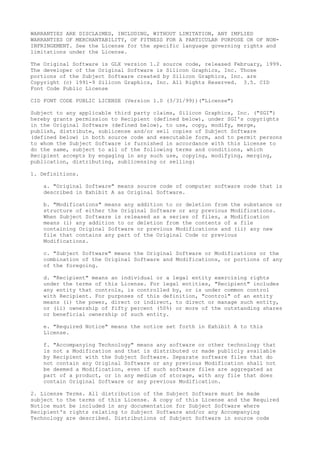WARRANTIES ARE DISCLAIMED, INCLUDING, WITHOUT LIMITATION, ANY IMPLIED
WARRANTIES OF MERCHANTABILITY, OF FITNESS FOR A PARTICULAR PURPOSE OR OF NON-
INFRINGEMENT. See the License for the specific language governing rights and
limitations under the License.
The Original Software is GLX version 1.2 source code, released February, 1999.
The developer of the Original Software is Silicon Graphics, Inc. Those
portions of the Subject Software created by Silicon Graphics, Inc. are
Copyright (c) 1991-9 Silicon Graphics, Inc. All Rights Reserved. 3.5. CID
Font Code Public License
CID FONT CODE PUBLIC LICENSE (Version 1.0 (3/31/99))("License")
Subject to any applicable third party claims, Silicon Graphics, Inc. ("SGI")
hereby grants permission to Recipient (defined below), under SGI's copyrights
in the Original Software (defined below), to use, copy, modify, merge,
publish, distribute, sublicense and/or sell copies of Subject Software
(defined below) in both source code and executable form, and to permit persons
to whom the Subject Software is furnished in accordance with this License to
do the same, subject to all of the following terms and conditions, which
Recipient accepts by engaging in any such use, copying, modifying, merging,
publication, distributing, sublicensing or selling:
1. Definitions.
a. "Original Software" means source code of computer software code that is
described in Exhibit A as Original Software.
b. "Modifications" means any addition to or deletion from the substance or
structure of either the Original Software or any previous Modifications.
When Subject Software is released as a series of files, a Modification
means (i) any addition to or deletion from the contents of a file
containing Original Software or previous Modifications and (ii) any new
file that contains any part of the Original Code or previous
Modifications.
c. "Subject Software" means the Original Software or Modifications or the
combination of the Original Software and Modifications, or portions of any
of the foregoing.
d. "Recipient" means an individual or a legal entity exercising rights
under the terms of this License. For legal entities, "Recipient" includes
any entity that controls, is controlled by, or is under common control
with Recipient. For purposes of this definition, "control" of an entity
means (i) the power, direct or indirect, to direct or manage such entity,
or (ii) ownership of fifty percent (50%) or more of the outstanding shares
or beneficial ownership of such entity.
e. "Required Notice" means the notice set forth in Exhibit A to this
License.
f. "Accompanying Technology" means any software or other technology that
is not a Modification and that is distributed or made publicly available
by Recipient with the Subject Software. Separate software files that do
not contain any Original Software or any previous Modification shall not
be deemed a Modification, even if such software files are aggregated as
part of a product, or in any medium of storage, with any file that does
contain Original Software or any previous Modification.
2. License Terms. All distribution of the Subject Software must be made
subject to the terms of this License. A copy of this License and the Required
Notice must be included in any documentation for Subject Software where
Recipient's rights relating to Subject Software and/or any Accompanying
Technology are described. Distributions of Subject Software in source code
 