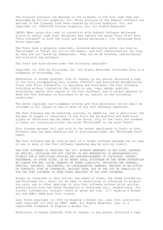 The Original Software (as defined in the License) is CID font code that was
developed by Silicon Graphics, Inc. Those portions of the Subject Software (as
defined in the License) that were created by Silicon Graphics, Inc. are
Copyright (c) 1994-1999 Silicon Graphics, Inc. All Rights Reserved.
[NOTE: When using this text in connection with Subject Software delivered
solely in object code form, Recipient may replace the words "this file" with
"this software" in both the first and second sentences.] 3.6. Bitstream Vera
Fonts Copyright
The fonts have a generous copyright, allowing derivative works (as long as
"Bitstream" or "Vera" are not in the names), and full redistribution (so long
as they are not *sold* by themselves). They can be be bundled, redistributed
and sold with any software.
The fonts are distributed under the following copyright:
Copyright (c) 2003 by Bitstream, Inc. All Rights Reserved. Bitstream Vera is a
trademark of Bitstream, Inc.
Permission is hereby granted, free of charge, to any person obtaining a copy
of the fonts accompanying this license ("Fonts") and associated documentation
files (the "Font Software"), to reproduce and distribute the Font Software,
including without limitation the rights to use, copy, merge, publish,
distribute, and/or sell copies of the Font Software, and to permit persons to
whom the Font Software is furnished to do so, subject to the following
conditions:
The above copyright and trademark notices and this permission notice shall be
included in all copies of one or more of the Font Software typefaces.
The Font Software may be modified, altered, or added to, and in particular the
designs of glyphs or characters in the Fonts may be modified and additional
glyphs or characters may be added to the Fonts, only if the fonts are renamed
to names not containing either the words "Bitstream" or the word "Vera".
This License becomes null and void to the extent applicable to Fonts or Font
Software that has been modified and is distributed under the "Bitstream Vera"
names.
The Font Software may be sold as part of a larger software package but no copy
of one or more of the Font Software typefaces may be sold by itself.
THE FONT SOFTWARE IS PROVIDED "AS IS", WITHOUT WARRANTY OF ANY KIND, EXPRESS
OR IMPLIED, INCLUDING BUT NOT LIMITED TO ANY WARRANTIES OF MERCHANTABILITY,
FITNESS FOR A PARTICULAR PURPOSE AND NONINFRINGEMENT OF COPYRIGHT, PATENT,
TRADEMARK, OR OTHER RIGHT. IN NO EVENT SHALL BITSTREAM OR THE GNOME FOUNDATION
BE LIABLE FOR ANY CLAIM, DAMAGES OR OTHER LIABILITY, INCLUDING ANY GENERAL,
SPECIAL, INDIRECT, INCIDENTAL, OR CONSEQUENTIAL DAMAGES, WHETHER IN AN ACTION
OF CONTRACT, TORT OR OTHERWISE, ARISING FROM, OUT OF THE USE OR INABILITY TO
USE THE FONT SOFTWARE OR FROM OTHER DEALINGS IN THE FONT SOFTWARE.
Except as contained in this notice, the names of Gnome, the Gnome Foundation,
and Bitstream Inc., shall not be used in advertising or otherwise to promote
the sale, use or other dealings in this Font Software without prior written
authorization from the Gnome Foundation or Bitstream Inc., respectively. For
further information, contact: fonts at gnome dot org. 3.7. Bigelow & Holmes
Inc and URW++ GmbH Luxi font license
Luxi fonts copyright (c) 2001 by Bigelow & Holmes Inc. Luxi font instruction
code copyright (c) 2001 by URW++ GmbH. All Rights Reserved. Luxi is a
registered trademark of Bigelow & Holmes Inc.
Permission is hereby granted, free of charge, to any person obtaining a copy
 