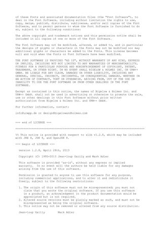 of these Fonts and associated documentation files (the "Font Software"), to
deal in the Font Software, including without limitation the rights to use,
copy, merge, publish, distribute, sublicense, and/or sell copies of the Font
Software, and to permit persons to whom the Font Software is furnished to do
so, subject to the following conditions:
The above copyright and trademark notices and this permission notice shall be
included in all copies of one or more of the Font Software.
The Font Software may not be modified, altered, or added to, and in particular
the designs of glyphs or characters in the Fonts may not be modified nor may
additional glyphs or characters be added to the Fonts. This License becomes
null and void when the Fonts or Font Software have been modified.
THE FONT SOFTWARE IS PROVIDED "AS IS", WITHOUT WARRANTY OF ANY KIND, EXPRESS
OR IMPLIED, INCLUDING BUT NOT LIMITED TO ANY WARRANTIES OF MERCHANTABILITY,
FITNESS FOR A PARTICULAR PURPOSE AND NONINFRINGEMENT OF COPYRIGHT, PATENT,
TRADEMARK, OR OTHER RIGHT. IN NO EVENT SHALL BIGELOW & HOLMES INC. OR URW++
GMBH. BE LIABLE FOR ANY CLAIM, DAMAGES OR OTHER LIABILITY, INCLUDING ANY
GENERAL, SPECIAL, INDIRECT, INCIDENTAL, OR CONSEQUENTIAL DAMAGES, WHETHER IN
AN ACTION OF CONTRACT, TORT OR OTHERWISE, ARISING FROM, OUT OF THE USE OR
INABILITY TO USE THE FONT SOFTWARE OR FROM OTHER DEALINGS IN THE FONT
SOFTWARE.
Except as contained in this notice, the names of Bigelow & Holmes Inc. and
URW++ GmbH. shall not be used in advertising or otherwise to promote the sale,
use or other dealings in this Font Software without prior written
authorization from Bigelow & Holmes Inc. and URW++ GmbH.
For further information, contact:
info@urwpp.de or design@bigelowandholmes.com
--- end of LICENSE ---
-------------------------------------------------------------------------------
%% This notice is provided with respect to zlib v1.2.8, which may be included
with JRE 8, JDK 8, and OpenJDK 8.
--- begin of LICENSE ---
version 1.2.8, April 28th, 2013
Copyright (C) 1995-2013 Jean-loup Gailly and Mark Adler
This software is provided 'as-is', without any express or implied
warranty. In no event will the authors be held liable for any damages
arising from the use of this software.
Permission is granted to anyone to use this software for any purpose,
including commercial applications, and to alter it and redistribute it
freely, subject to the following restrictions:
1. The origin of this software must not be misrepresented; you must not
claim that you wrote the original software. If you use this software
in a product, an acknowledgment in the product documentation would be
appreciated but is not required.
2. Altered source versions must be plainly marked as such, and must not be
misrepresented as being the original software.
3. This notice may not be removed or altered from any source distribution.
Jean-loup Gailly Mark Adler
 