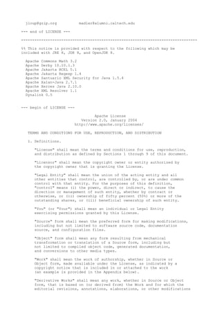 jloup@gzip.org madler@alumni.caltech.edu
--- end of LICENSE ---
-------------------------------------------------------------------------------
%% This notice is provided with respect to the following which may be
included with JRE 8, JDK 8, and OpenJDK 8.
Apache Commons Math 3.2
Apache Derby 10.10.1.3
Apache Jakarta BCEL 5.1
Apache Jakarta Regexp 1.4
Apache Santuario XML Security for Java 1.5.4
Apache Xalan-Java 2.7.1
Apache Xerces Java 2.10.0
Apache XML Resolver 1.1
Dynalink 0.5
--- begin of LICENSE ---
Apache License
Version 2.0, January 2004
http://www.apache.org/licenses/
TERMS AND CONDITIONS FOR USE, REPRODUCTION, AND DISTRIBUTION
1. Definitions.
"License" shall mean the terms and conditions for use, reproduction,
and distribution as defined by Sections 1 through 9 of this document.
"Licensor" shall mean the copyright owner or entity authorized by
the copyright owner that is granting the License.
"Legal Entity" shall mean the union of the acting entity and all
other entities that control, are controlled by, or are under common
control with that entity. For the purposes of this definition,
"control" means (i) the power, direct or indirect, to cause the
direction or management of such entity, whether by contract or
otherwise, or (ii) ownership of fifty percent (50%) or more of the
outstanding shares, or (iii) beneficial ownership of such entity.
"You" (or "Your") shall mean an individual or Legal Entity
exercising permissions granted by this License.
"Source" form shall mean the preferred form for making modifications,
including but not limited to software source code, documentation
source, and configuration files.
"Object" form shall mean any form resulting from mechanical
transformation or translation of a Source form, including but
not limited to compiled object code, generated documentation,
and conversions to other media types.
"Work" shall mean the work of authorship, whether in Source or
Object form, made available under the License, as indicated by a
copyright notice that is included in or attached to the work
(an example is provided in the Appendix below).
"Derivative Works" shall mean any work, whether in Source or Object
form, that is based on (or derived from) the Work and for which the
editorial revisions, annotations, elaborations, or other modifications
 