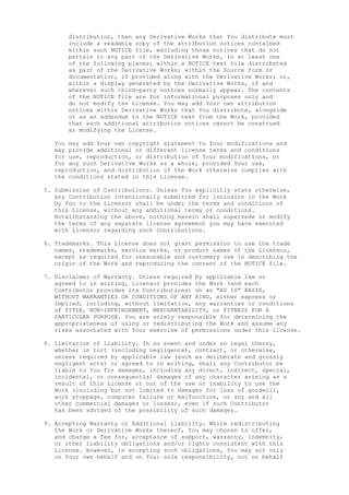 distribution, then any Derivative Works that You distribute must
include a readable copy of the attribution notices contained
within such NOTICE file, excluding those notices that do not
pertain to any part of the Derivative Works, in at least one
of the following places: within a NOTICE text file distributed
as part of the Derivative Works; within the Source form or
documentation, if provided along with the Derivative Works; or,
within a display generated by the Derivative Works, if and
wherever such third-party notices normally appear. The contents
of the NOTICE file are for informational purposes only and
do not modify the License. You may add Your own attribution
notices within Derivative Works that You distribute, alongside
or as an addendum to the NOTICE text from the Work, provided
that such additional attribution notices cannot be construed
as modifying the License.
You may add Your own copyright statement to Your modifications and
may provide additional or different license terms and conditions
for use, reproduction, or distribution of Your modifications, or
for any such Derivative Works as a whole, provided Your use,
reproduction, and distribution of the Work otherwise complies with
the conditions stated in this License.
5. Submission of Contributions. Unless You explicitly state otherwise,
any Contribution intentionally submitted for inclusion in the Work
by You to the Licensor shall be under the terms and conditions of
this License, without any additional terms or conditions.
Notwithstanding the above, nothing herein shall supersede or modify
the terms of any separate license agreement you may have executed
with Licensor regarding such Contributions.
6. Trademarks. This License does not grant permission to use the trade
names, trademarks, service marks, or product names of the Licensor,
except as required for reasonable and customary use in describing the
origin of the Work and reproducing the content of the NOTICE file.
7. Disclaimer of Warranty. Unless required by applicable law or
agreed to in writing, Licensor provides the Work (and each
Contributor provides its Contributions) on an "AS IS" BASIS,
WITHOUT WARRANTIES OR CONDITIONS OF ANY KIND, either express or
implied, including, without limitation, any warranties or conditions
of TITLE, NON-INFRINGEMENT, MERCHANTABILITY, or FITNESS FOR A
PARTICULAR PURPOSE. You are solely responsible for determining the
appropriateness of using or redistributing the Work and assume any
risks associated with Your exercise of permissions under this License.
8. Limitation of Liability. In no event and under no legal theory,
whether in tort (including negligence), contract, or otherwise,
unless required by applicable law (such as deliberate and grossly
negligent acts) or agreed to in writing, shall any Contributor be
liable to You for damages, including any direct, indirect, special,
incidental, or consequential damages of any character arising as a
result of this License or out of the use or inability to use the
Work (including but not limited to damages for loss of goodwill,
work stoppage, computer failure or malfunction, or any and all
other commercial damages or losses), even if such Contributor
has been advised of the possibility of such damages.
9. Accepting Warranty or Additional Liability. While redistributing
the Work or Derivative Works thereof, You may choose to offer,
and charge a fee for, acceptance of support, warranty, indemnity,
or other liability obligations and/or rights consistent with this
License. However, in accepting such obligations, You may act only
on Your own behalf and on Your sole responsibility, not on behalf
 