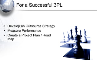 For a Successful 3PL Develop an Outsource Strategy Measure Performance Create a Project Plan / Road Map 