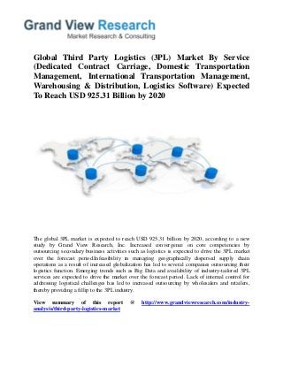 Global Third Party Logistics (3PL) Market By Service
(Dedicated Contract Carriage, Domestic Transportation
Management, International Transportation Management,
Warehousing & Distribution, Logistics Software) Expected
To Reach USD 925.31 Billion by 2020
The global 3PL market is expected to reach USD 925.31 billion by 2020, according to a new
study by Grand View Research, Inc. Increased convergence on core competencies by
outsourcing secondary business activities such as logistics is expected to drive the 3PL market
over the forecast period.Infeasibility in managing geographically dispersed supply chain
operations as a result of increased globalization has led to several companies outsourcing their
logistics function. Emerging trends such as Big Data and availability of industry-tailored 3PL
services are expected to drive the market over the forecast period. Lack of internal control for
addressing logistical challenges has led to increased outsourcing by wholesalers and retailers,
thereby providing a fillip to the 3PL industry.
View summary of this report @ http://www.grandviewresearch.com/industry-
analysis/third-party-logistics-market
 