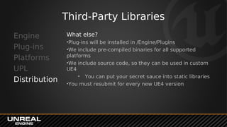 Third-Party Libraries
Engine
Plug-ins
Platforms
UPL
Distribution
What else?
•Plug-ins will be installed in /Engine/Plugins
•We include pre-compiled binaries for all supported
platforms
•We include source code, so they can be used in custom
UE4
• You can put your secret sauce into static libraries
•You must resubmit for every new UE4 version
 