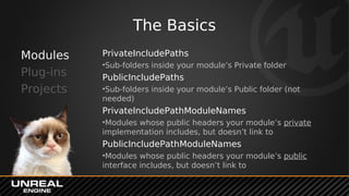 The Basics
Modules
Plug-ins
Projects
PrivateIncludePaths
•Sub-folders inside your module’s Private folder
PublicIncludePat...