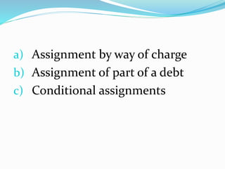 a) Assignment by way of charge
b) Assignment of part of a debt
c) Conditional assignments
 
