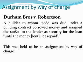 Assignment by way of charge
Durham Bros v. Robertson
A builder to whom £1080 was due under a
building contract borrowed money and assigned
the £1080 to the lender as security for the loan
“until the money [lent]…be repaid”.
This was held to be an assignment by way of
charge.
 