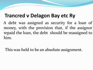 Trancred v Delagon Bay etc Ry
A debt was assigned as security for a loan of
money, with the provision that, if the assignor
repaid the loan, the debt should be reassigned to
him.
This was held to be an absolute assignment.
 