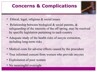 Concerns & Complications
• Ethical, legal, religious & social issues
• Relationship between biological & social parents, &
safeguarding of the interests of the off spring, may be resolved
by specific legislation pertaining to each country
• Adequate study of the health risks of oocyte extraction,
including long-term risks
• Medical costs for adverse effects caused by the procedure
• True informed consent from women who provide oocytes
• Exploitation of poor women
• No meaningful oversight
 