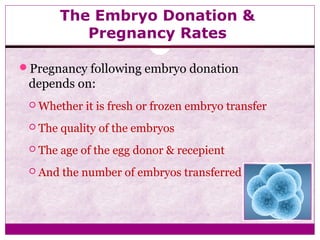 The Embryo Donation &
Pregnancy Rates
Pregnancy following embryo donation
depends on:
 Whether it is fresh or frozen embryo transfer
 The quality of the embryos
 The age of the egg donor & recepient
 And the number of embryos transferred
 