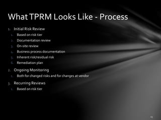 1. Initial Risk Review
1. Based on risk tier
2. Documentation review
3. On-site review
4. Business process documentation
5. Inherent risk/residual risk
6. Remediation plan
2. Ongoing Monitoring
1. Both for changed risks and for changes at vendor
3. Recurring Reviews
1. Based on risk tier
WhatTPRM Looks Like - Process
 