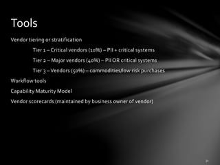 Vendor tiering or stratification
Tier 1 – Critical vendors (10%) – PII + critical systems
Tier 2 – Major vendors (40%) – PII OR critical systems
Tier 3 – Vendors (50%) – commodities/low risk purchases
Workflow tools
Capability Maturity Model
Vendor scorecards (maintained by business owner of vendor)
Tools
 