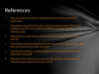1. http://compliance.med.nyu.edu/news/documenting-inpatient-
admissions
2. http://www.grantthornton.com/~/media/content-page-files/health-
care/pdfs/2013/HC-2013-AIHA-wp-HIPAA-rule-data-control-
concerns.ashx
3. http://www.occ.gov/news-issuances/bulletins/2013/bulletin-2013-
29.html
4. http://www.computerweekly.com/news/2240178104/Bad-outsourcing-
decisions-cause-63-of-data-breaches
5. http://www.experian.com/assets/data-breach/brochures/ponemon-
aftermath-study.pdf
6. http://www.fierceitsecurity.com/story/third-party-vendor-behind-
possible-lowes-data-breach/2014-05-26
References
 