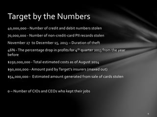40,000,000 - Number of credit and debit numbers stolen
70,000,000 - Number of non-credit-card PII records stolen
November 27 to December 15, 2013 – Duration of theft
46% - The percentage drop in profits for 4th quarter 2013 from the year
before
$250,000,000 - Total estimated costs as of August 2014
$90,000,000 - Amount paid by Target’s insurers (maxed out)
$54,000,000 - Estimated amount generated from sale of cards stolen
0 – Number of CIOs and CEOs who kept their jobs
Target by the Numbers
 