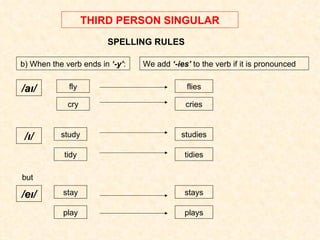 THIRD PERSON SINGULAR SPELLING RULES b) When the verb ends in  ‘-y’ : We add  ‘-ies’  to the verb if it is pronounced /a ı/ fly flies cry cries /e ı/ stay play stays plays but / ı/ study tidy studies tidies 