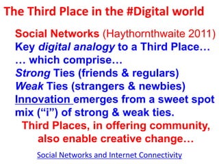 The Third Place in the #Digital world
Social Networks and Internet Connectivity
Social Networks (Haythornthwaite 2011)
Key digital analogy to a Third Place…
… which comprise…
Strong Ties (friends & regulars)
Weak Ties (strangers & newbies)
Innovation emerges from a sweet spot
mix (“i”) of strong & weak ties.
Third Places, in offering community,
also enable creative change…
 