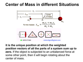 Center of Mass in different Situations
it is the unique position at which the weighted
position vectors of all the parts of a system sum up to
zero. If the object is subjected to an unbalanced force at
some other point, then it will begin rotating about the
center of mass.
 
