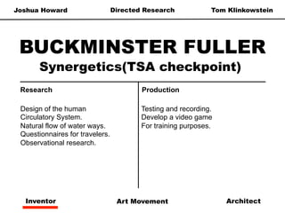 Joshua Howard Tom KlinkowsteinDirected Research
BUCKMINSTER FULLER
Inventor Art Movement Architect
Synergetics(TSA checkpoint)
ProductionResearch
Design of the human
Circulatory System.
Natural flow of water ways.
Questionnaires for travelers.
Observational research.
Testing and recording.
Develop a video game
For training purposes.
 