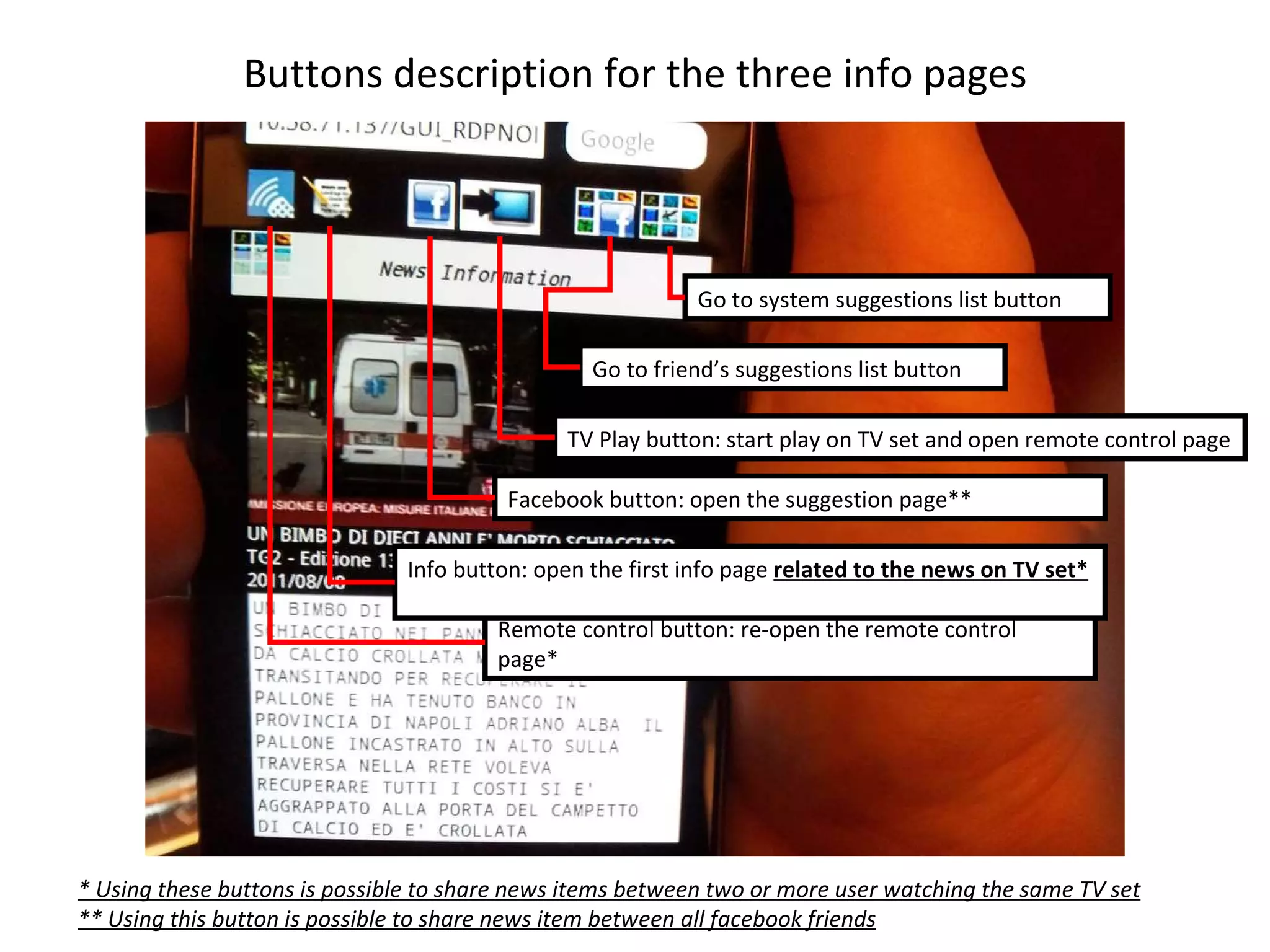 Buttons description for the three info pages Remote control button: re-open the remote control page*  Info button: open the first info page  related to the news on TV set*   Facebook button: open the suggestion page** TV Play button: start play on TV set and open remote control page Go to friend’s suggestions list button Go to system suggestions list button * Using these buttons is possible to share news items between two or more user watching the same TV set ** Using this button is possible to share news item between all facebook friends 