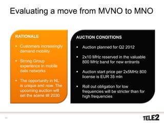 Evaluating a move from MVNO to MNO

      RATIONALE                  AUCTION CONDITIONS

       Customers increasingly      Auction planned for Q2 2012
       demand mobility
                                   2x10 MHz reserved in the valuable
       Strong Group                800 MHz band for new entrants
       experience in mobile
       data networks               Auction start price per 2x5MHz 800
                                   license is EUR 35 mln
       The opportunity in NL
       is unique and now. The      Roll out obligation for low
       upcoming auction will       frequencies will be stricter than for
       set the scene till 2030     high frequencies




17
 