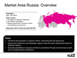 Market Area Russia: Overview
    Population
    Appr. 140 million
    Tele2 Russia
      43 regions of Russian Federation
      20.4 million subscribers
      Mobile operator #4 in Russia in terms
      of subscribers and revenue
    Represents 30% of total net sales Q3 2011




    Focus
       Continue strong growth in customer intake, maximizing the 2G opportunity
       Ensure that newcomer and challenger regions reach the same operational trends as
       defender regions
       Evaluate possibilities to expand carefully its operations through new licenses as well
       as by complementary acquisitions


4
 