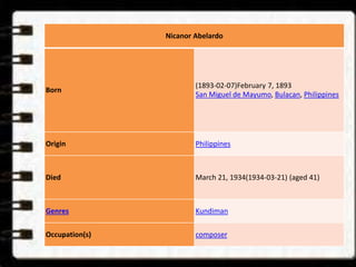 Nicanor Abelardo 
Born 
(1893-02-07)February 7, 1893 
San Miguel de Mayumo, Bulacan, Philippines 
Origin Philippines 
Died March 21, 1934(1934-03-21) (aged 41) 
Genres Kundiman 
Occupation(s) composer 
 
